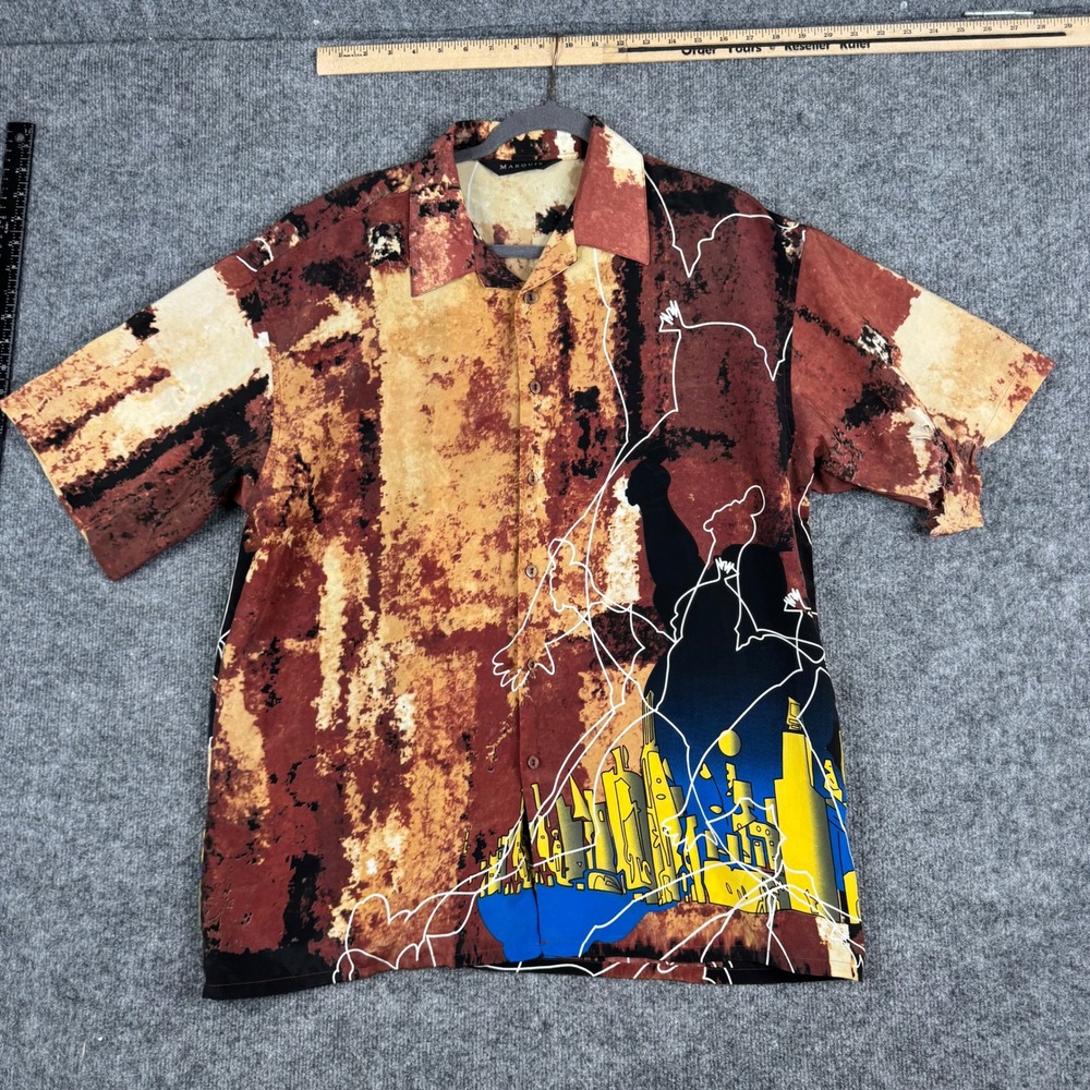 Marquis Shirt Mens Size L Brown Abstract City Skyline Graphic Distressed Rips